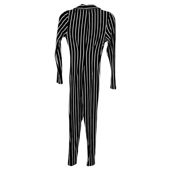 So Real Bodcon Jumpsuit size Medium Black White Striped Long Sleeve collared New - Picture 2 of 11